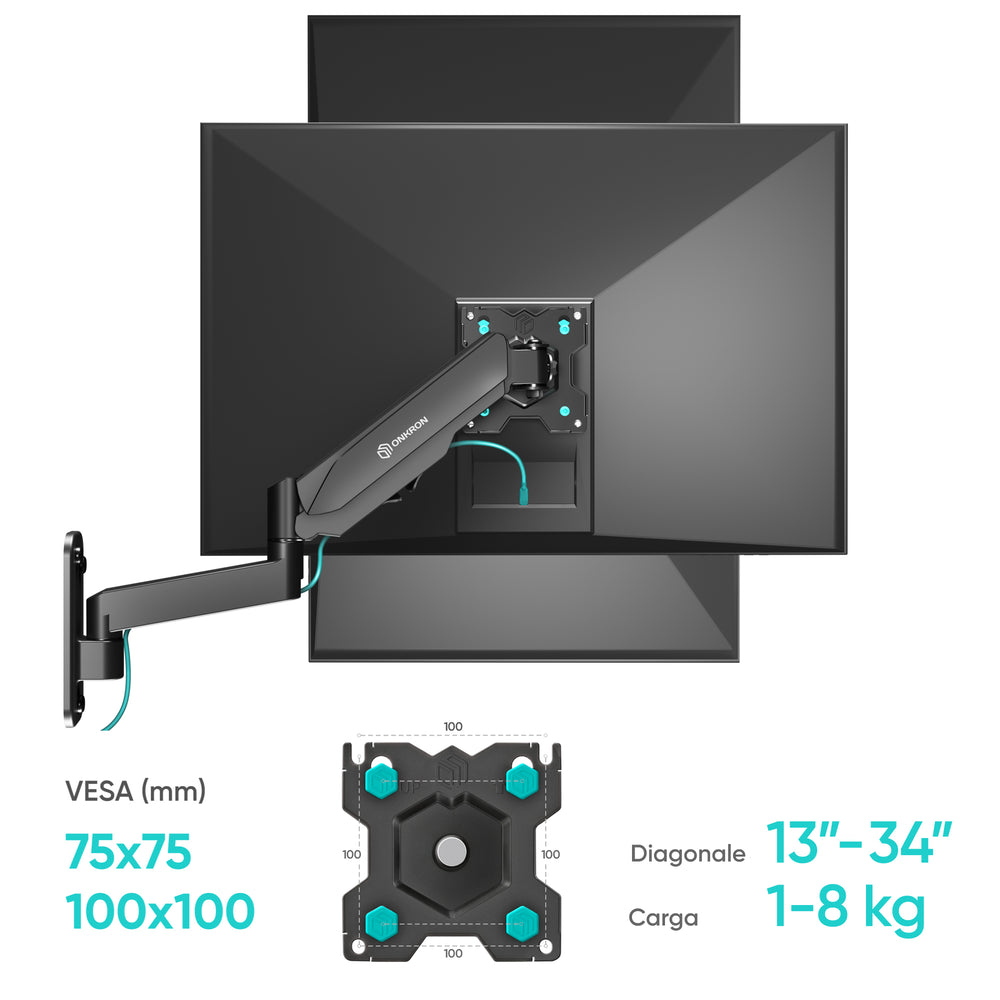 ONKRON Soporte para monitor y TV de la pared de 13¨-34¨ y máx. 8 kg, negro G150-B