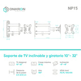 ONKRON Soporte TV pared para 10¨-32¨ de hasta 25kg, negro NP15-B