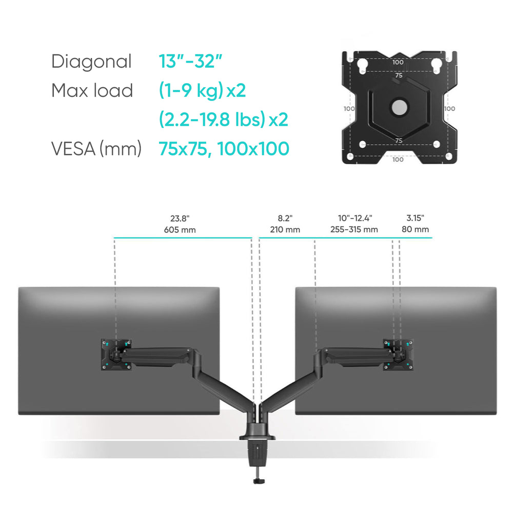 ONKRON Soporte para dos monitores 13" a 32" de hasta 9 kg (x2), negro G200-B